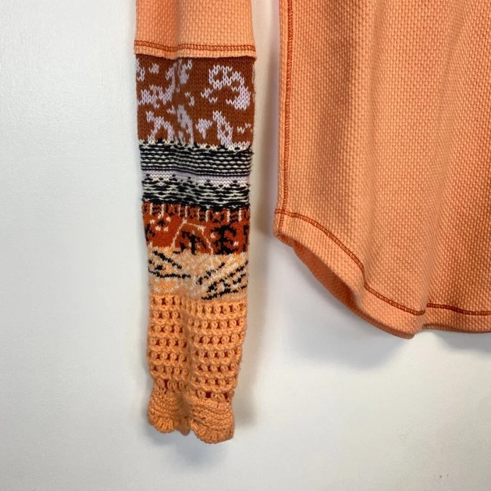 Free People Orange Thermal Waffle Knit Crochet Sweater Sleeve Top
